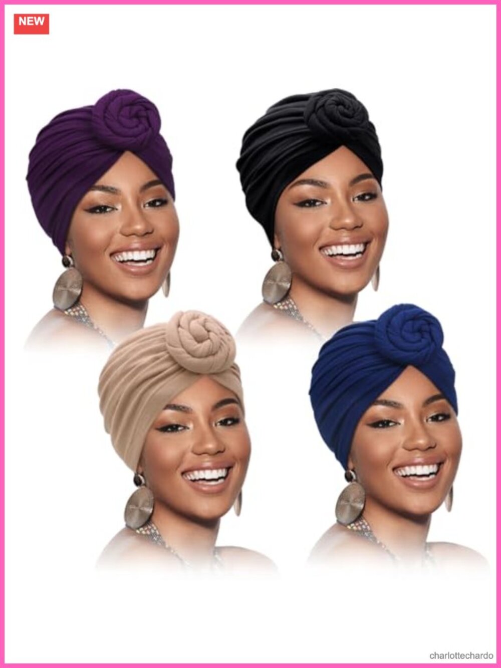 Pre-Tied Turban Knot Head Wrap Set – 4 Pc Solid Beanie Caps for Women